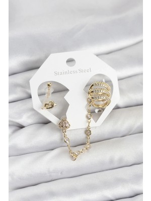Alvo Store Buğz Pirinç Gold Renk Sarmal Model Zincir Bağlantılı Ear Cuff Küpe Seti