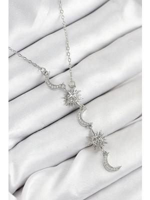 Alvo Store Buğz 316L Çelik Zirkon Taşlı Güneş ve Ay Model Gümüş Renk Kadın Kolye