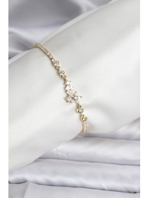 Alvo Store Buğz Çiçekli Model Zirkon Taşlı Gold Renk Su Yolu Kadın Bileklik