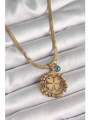 Alvo Store Buğz 316L Çelik Gold Renk Italyan Zincir Dorika Yonca Model Nazar Boncuk Detay Kadın Kolye