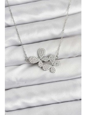 Alvo Store Buğz 316L Çelik Zincir Gümüş Renk Zirkon Taşlı Kelebek Model Kadın Kolye
