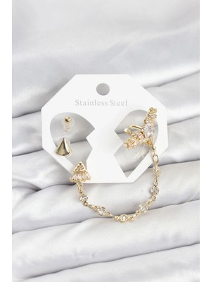 Alvo Store Buğz Pirinç Gold Renk Yıldızlı Model Zincir Bağlantılı Ear Cuff Küpe Seti