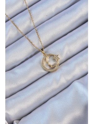 Alvo Store Buğz 316L Çelik Zincir Altın Renk Zirkon Taşlı Ay Yıldız Simgeli Atatürk Kolye