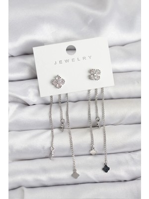 Alvo Store Buğz Pirinç Gümüş Renk Yonca Model Sallantılı Kadın Küpe