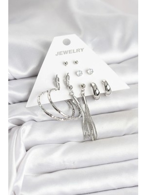 Alvo Store Buğz Gümüş Renk Pirinç 6 Çiftli Kadın Küpe Seti