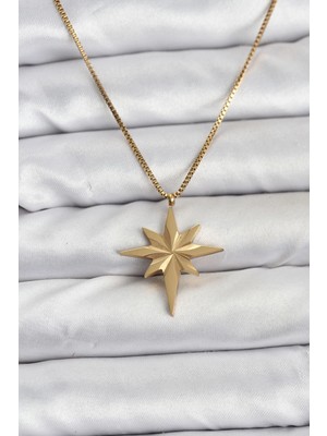 Alvo Store Buğz 316L Çelik Zincir Gold Renk Kutup Yıldızı Model 60 cm Zincir Kadın Kolye