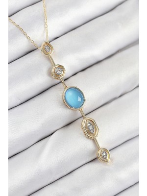 Alvo Store Buğz Pirinç Zincir Mavi Gold Renk Zirkon Taşlı Y Kolye