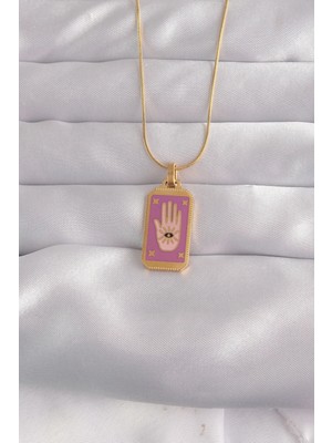 Moresun Buğz 316L Çelik Gold Renk Mor Mineli El Figür Tarot Kolye