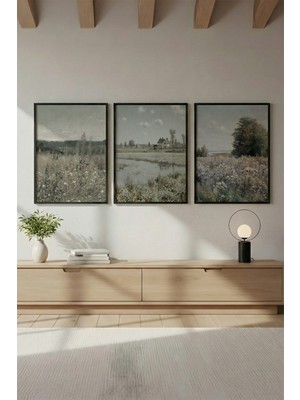 Huhuli Doğal Siyah Ahşap Çerçeveli Doğa Manzaralı 3'lü Tablo Seti HUHU655
