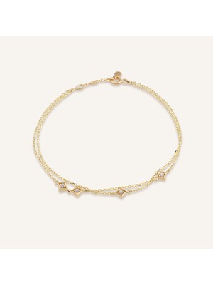 Aja Angula Geometrik Motifli Çok Taşlı Çift Zincir Altın Bileklik
