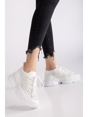 BeBeQ Cristina Beyaz Triko Bağcıklı Delikli Parlak Yüksek Taban Günlük Kadın Sneaker Spor Ayakkabı