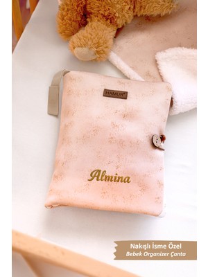Hamur Kişiye Özel Isim Nakışlı Yenidoğan Düzenleyici Hediye Anne Bebek Bakım Çantası Organizer Solid Bej