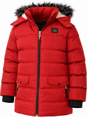 Erkek Kırmızı Çıkartılabilir Kapüşonlu Içi Kürklü Su ve Rüzgar Geçirmez Çoçuk Mont ve Kaban