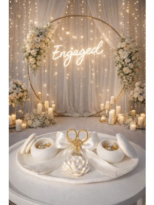 Akanart Minimal Tasarım Nişan & Söz Tepsisi – 2’li Yüzük Kutulu, Dekoratif Çiçek Detaylı