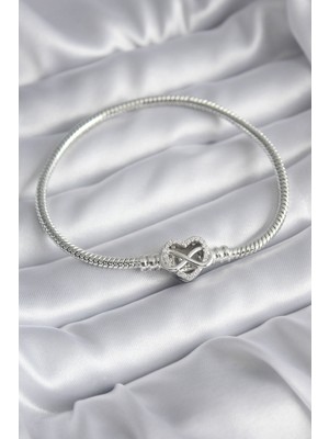 Calperia Pirinç Gümüş Renk Zirkon Taşlı Kalp Sonsuzluk Model Charm Kadın Bileklik - Lisinya