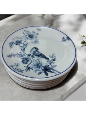 PremiumPort Porselen Kuş Figürlü Pasta Tabağı Seti, 12 Adet, 19 Cm, Şık ve Zarif Tasarım