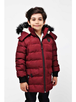 Erkek Bordo Çıkartılabilir Kapüşonlu Içi Kürklü Su ve Rüzgar Geçirmez Çoçuk Mont ve Kaban