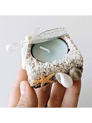 MEKECE Nikah Şekeri Hediyeliği (50 Adet) Beyaz Kumlu Okyanus Detaylı Hediyelik Mum NKS-218