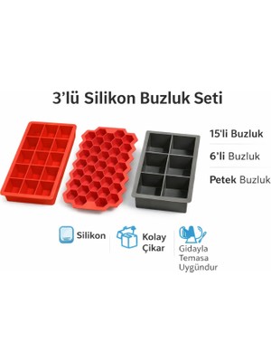 CKM Silikon 3lü Silikon Buzluk SETI(15LI Buz Kalıbı-6lı Buz Kalıbı - Petek Buzluk)