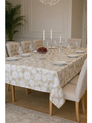 Rona Home Papatya Desenli Masa Örtüsü Krem Keten Görünümlü Leke Tutmaz, Kaliteli Premium Kumaş Mutfak Örtüsü