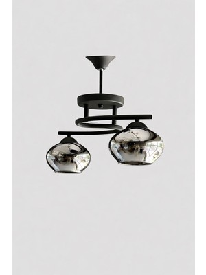 Kuzenler Modern Siyah 2 Li Füme Basık Cam Avize