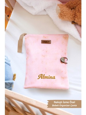 Hamur Kişiye Özel Isim Nakışlı Yenidoğan Düzenleyici Hediye Anne Bebek Bakım Çantası Organizer Solid P. Pembe