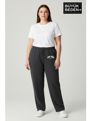 Superlife Kadın Büyük Beden New York Baskılı Rahat Kesim Paça Reçme Ince Eşofman Altı SPR26EAK952-5