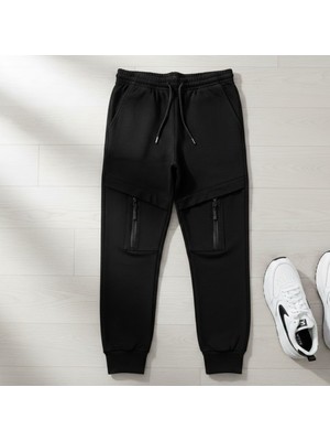 Babyilay Erkek Çocuk Siyah Slim Fit Fermuarlı Kargo Cep Detaylı Jogger Eşofman Altı
