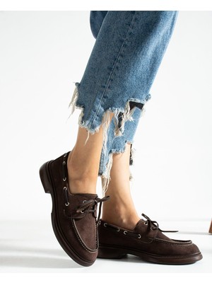 BeBeQ Bernard Kahve Süet Düz Taban Bağcıklı Kadın Babet