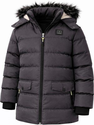 Erkek Gri Çıkartılabilir Kapüşonlu Içi Kürklü Su ve Rüzgar Geçirmez Çoçuk Mont ve Kaban