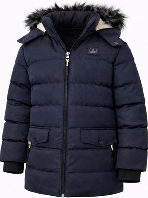 Erkek Lacivert Çıkartılabilir Kapüşonlu Içi Kürklü Su ve Rüzgar Geçirmez Çoçuk Mont ve Kaban