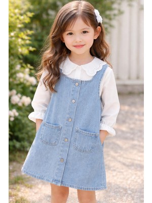 Butik Kız Çocuk Salopet Elbise Gömlek 2'li Takım  Kot Elbise