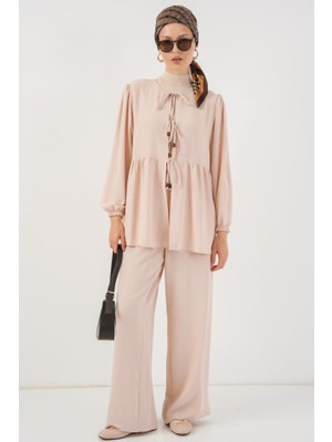 Queene Dreams Önü Bağcıklı Tunik Pantolon Ikili Takım 6744 - Krem