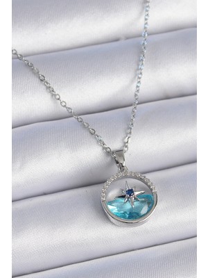 Moresun Buğz 316L Çelik Zincir Gümüş Renk Zirkon Taşlı Deniz Görünüm Kutup Yıldızı Kolye