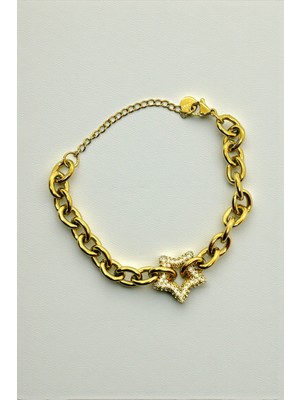 Jewels Of Hope Zirkon Taşlı Yıldız Bileklik 20 cm 316L Paslanmaz Çelik Kadın Bileklik Gold Bijuteri Bileklik
