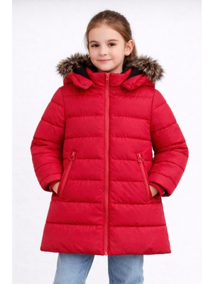Kız Çocuk Kırmızı Şişme Mont Kapüşonlu Kürklü Kışlık Uzun Model