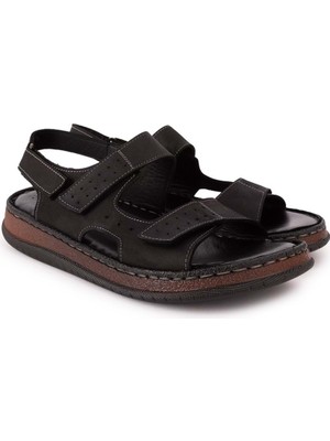 Gondol Unisex Hakiki Deri Cırtlı Ayarlanabilir Sandalet Siyah Anatomik Taban ve Hafif Tasarım