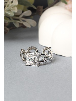 By Barun Ayarlanabilir Yüzük Zirkon Taşlı Kare 925 Ayar Gümüş Yüzük