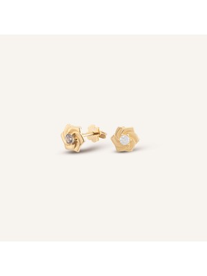 Aja Orlisse Gül Figürlü Ortası Tek Taşlı Pimli Altın Küpe