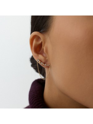 Aja Linea Top Motifli Çok Taşlı Sallantılı Zincir Pimli Altın Küpe