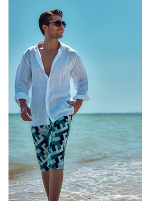 Remsa Erkek Havuz Deniz Uzun Kapri Şort Mayo RK003 Mavi