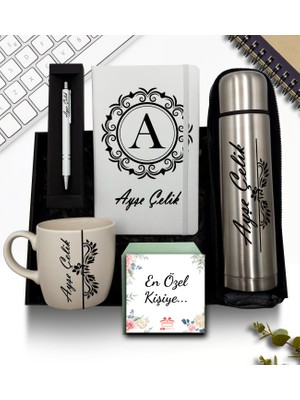 As Gift Kişiye Özel Deri Kılıflı Krom Çelik Termos & Beyaz Defter & Beyaz Kupa & Beyaz Kalem Hediye Seti