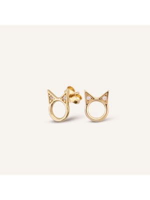 Aja Gold Cat Kedi Kulağı Figürlü İki Taşlı Pimli Altın Küpe