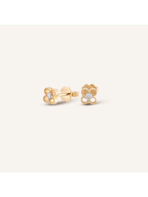 Aja Veluna Çiçek Motifli Ortası Taşlı Pimli Altın Küpe