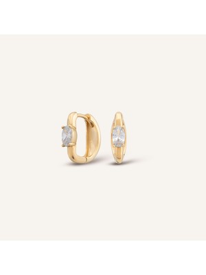 Aja Orris Oval Kesim Tek Taşlı Halka Altın Küpe