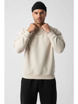 Twenty Erkek Owersize Önü Baskılı Düz Basic Sweatshirt- Krem