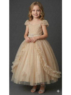 Ay Yılmaz Kız Çocuk Tarlatanlı Prenses Model Gelinlik Abiye Elbise Belden Bağlamalı Gipeli