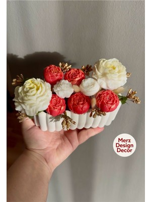 Merz Design Decor Dekoratif Beton Saksıda Sevgililer Günü Özel %100 Doğal Vegan Soya Wax Şakayık Bahçesi Mum Buketi