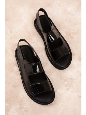 Gondol Hakiki Deri Anatomik Taban Hac Umre Erkek Sandalet KML.1222 - Siyah Rugan - 44 Siyah Rugan