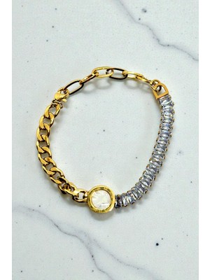 Jewels of Hope Zirkon Taşlı Gurmet Zincir 316L Çelik Kadın Bileklik - Kararmaz Gold 19 cm